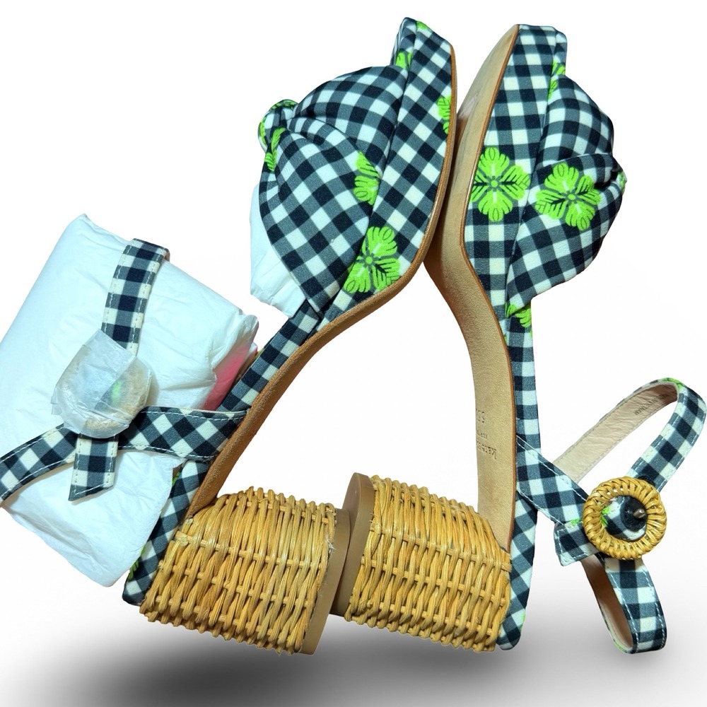 Kate Spade Hayden Knot Gingham Wicker Block Heel Sandals Green White Sz 5.5B